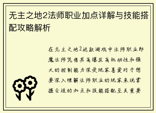 无主之地2法师职业加点详解与技能搭配攻略解析