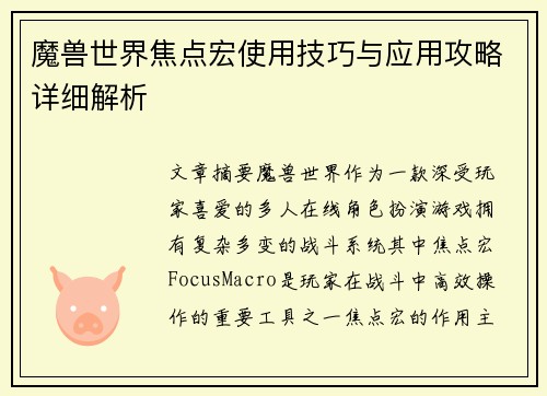 魔兽世界焦点宏使用技巧与应用攻略详细解析